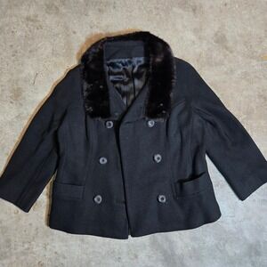 Vintage MCM Wool Coat Fur Collar Double Breasted‎ 1950S Black VTG Womens Medium